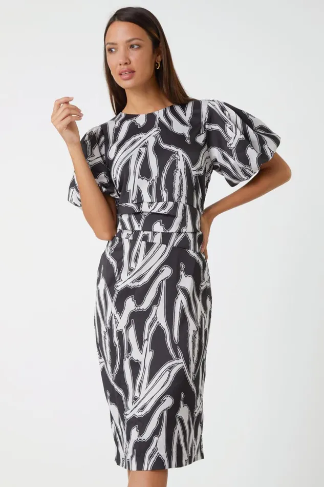 Black Abstract Print Ruched Stretch Dress Women Roman Dresses
