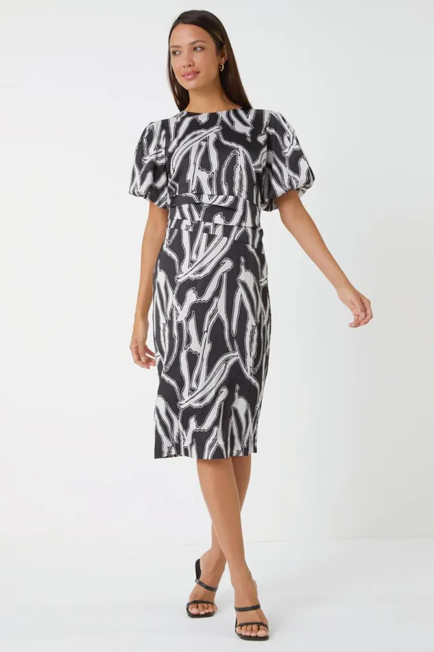 Black Abstract Print Ruched Stretch Dress Women Roman Dresses