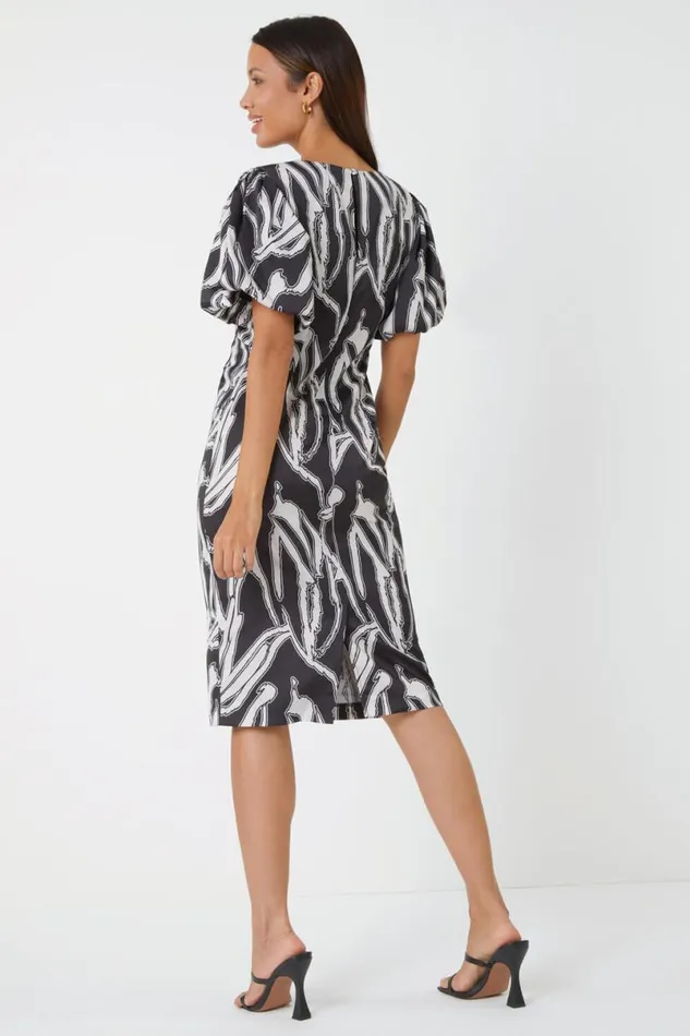 Black Abstract Print Ruched Stretch Dress Women Roman Dresses