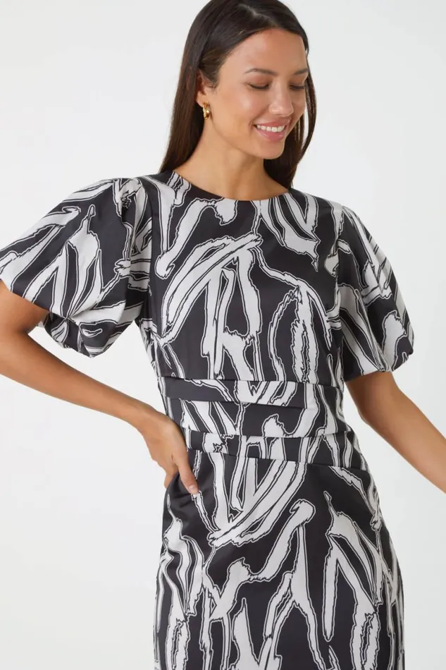 Black Abstract Print Ruched Stretch Dress Women Roman Dresses