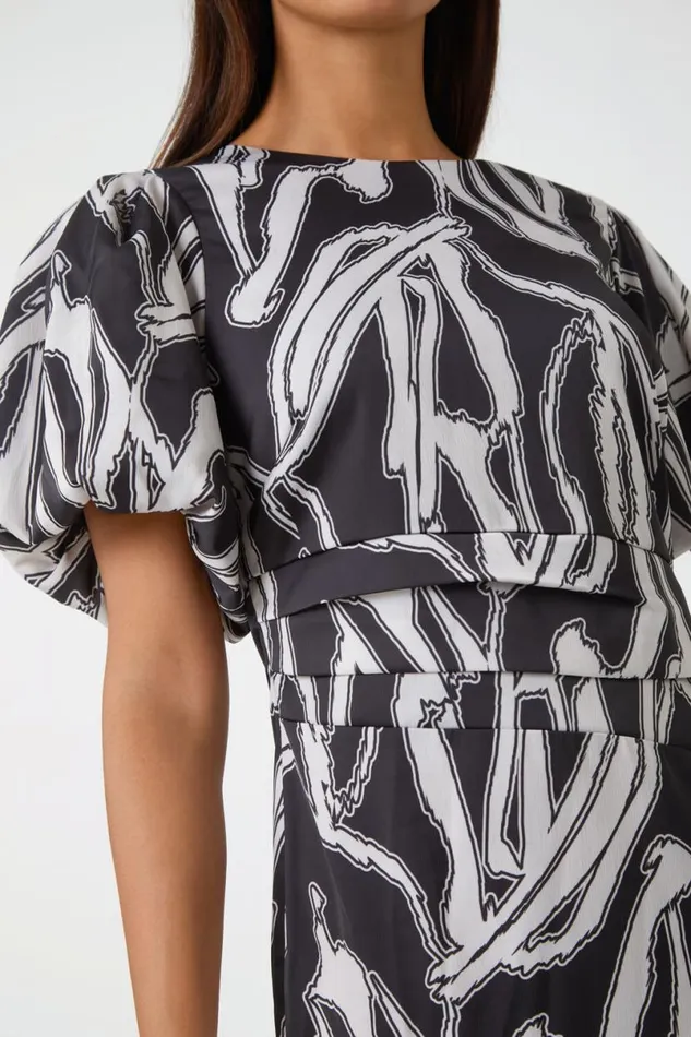 Black Abstract Print Ruched Stretch Dress Women Roman Dresses