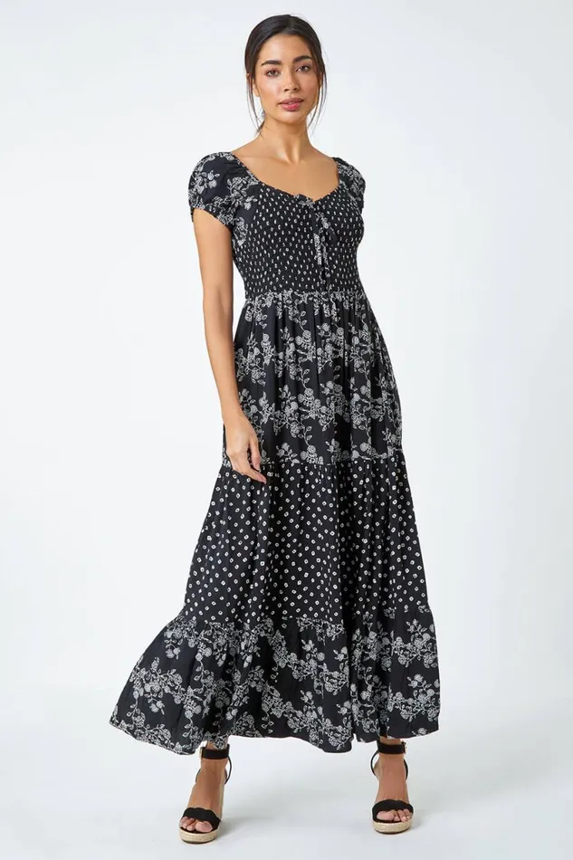 Black Abstract Tie Detail Tiered Maxi Dress Women Roman Dresses