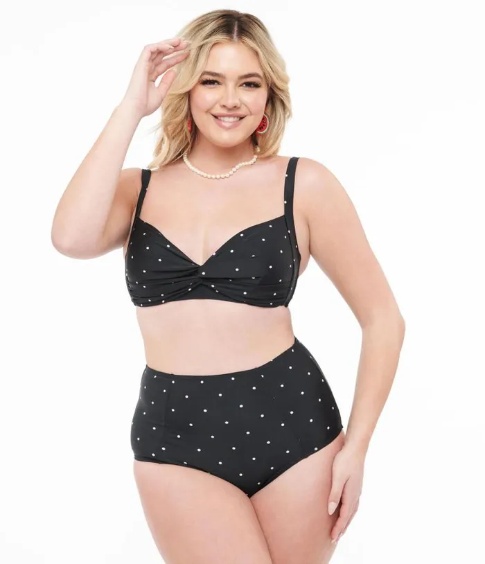 Black and White Polka Dot Two Piece Swim Set Plus Unique Vintage Two Piece Swim