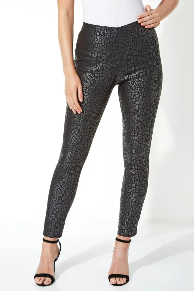 Black Animal Print Full Length Stretch Trousers Women Roman Trousers