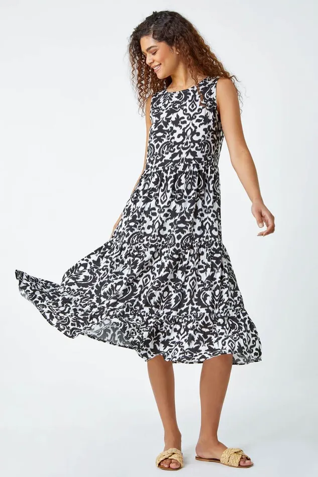 Black Baroque Tiered Smock Midi Dress Women Roman Dresses