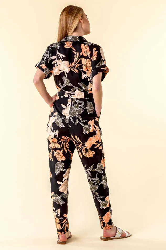Black Belted Floral Print Jumpsuit Women Roman Dresses