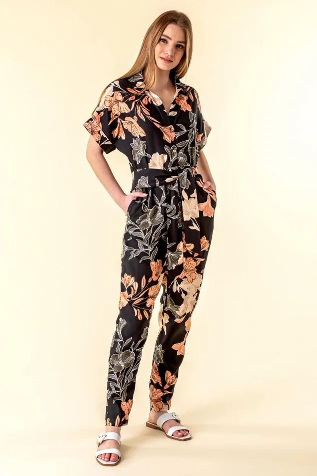 Black Belted Floral Print Jumpsuit Women Roman Dresses