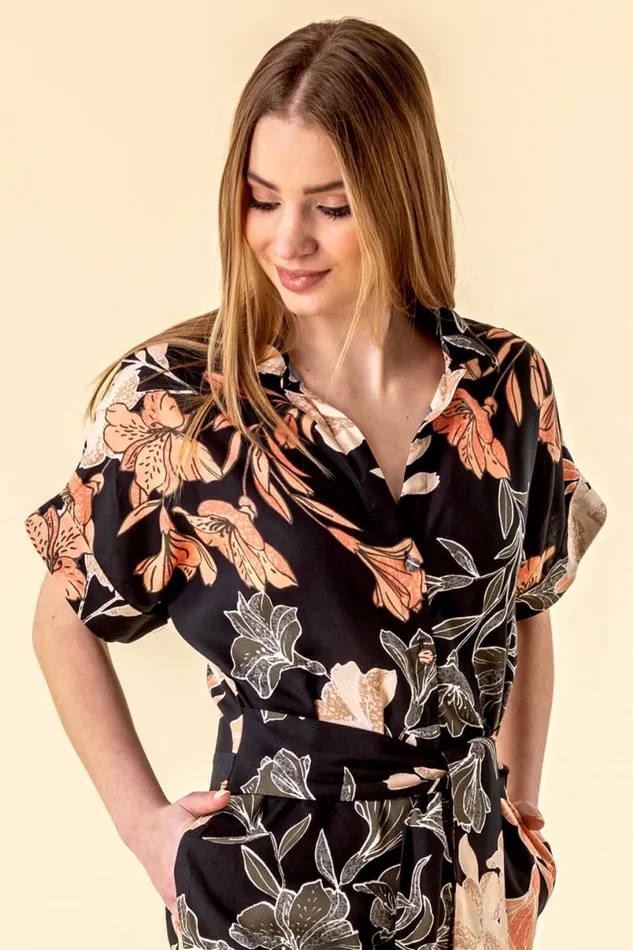 Black Belted Floral Print Jumpsuit Women Roman Dresses
