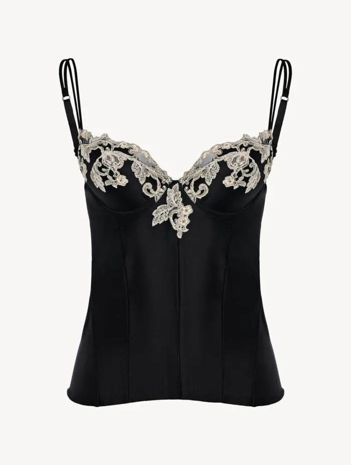 Black Corset In Silk Satin With Frastaglio Lingerie La Perla Bodysuits and Bustiers Black Corset In Silk Satin With Frastaglio Lingerie La Perla Bodysuits and Bustiers