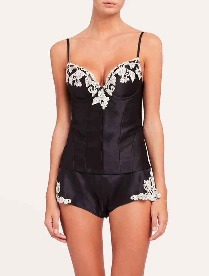 Black Corset In Silk Satin With Frastaglio Lingerie La Perla Bodysuits and Bustiers
