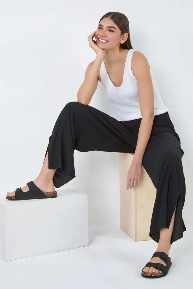 Black Crinkle Side Split Elastic Waist Trousers Women Roman Trousers
