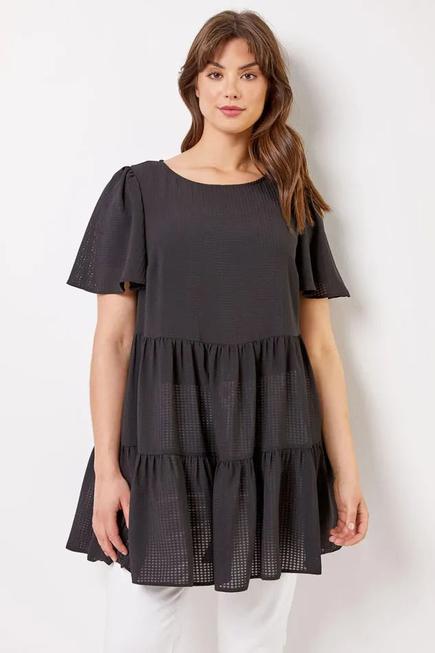 Black Curve Check Texture Tiered Tunic Top Women Roman Tops