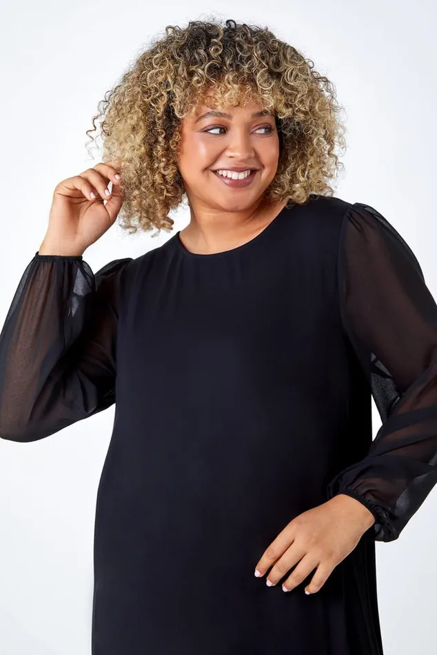 Black Curve Chiffon Sleeve Stretch Tunic Top Women Roman Tops