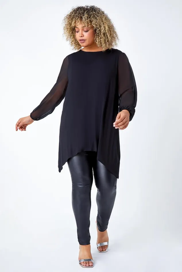 Black Curve Chiffon Sleeve Stretch Tunic Top Women Roman Tops