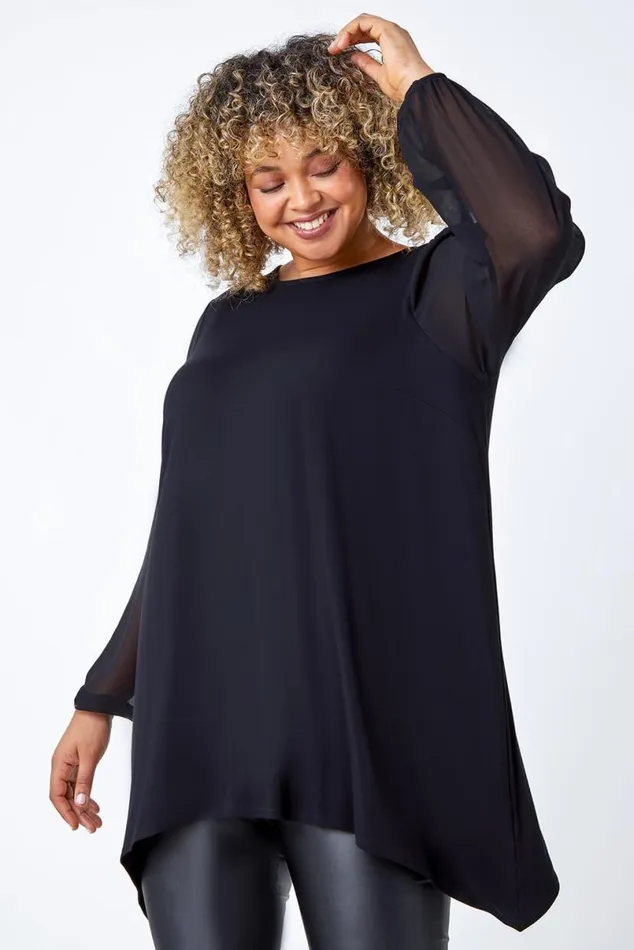 Black Curve Chiffon Sleeve Stretch Tunic Top Women Roman Tops