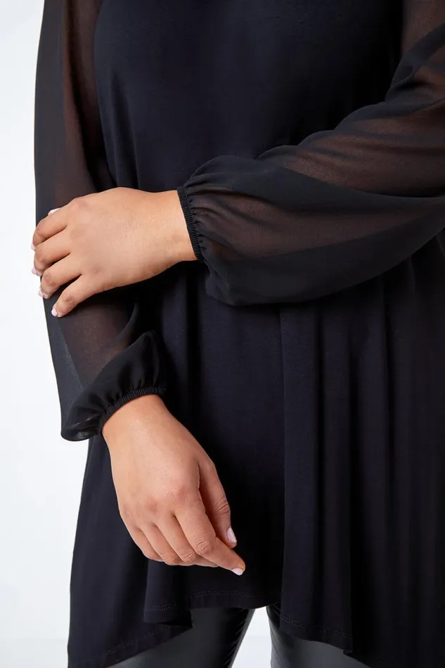 Black Curve Chiffon Sleeve Stretch Tunic Top Women Roman Tops