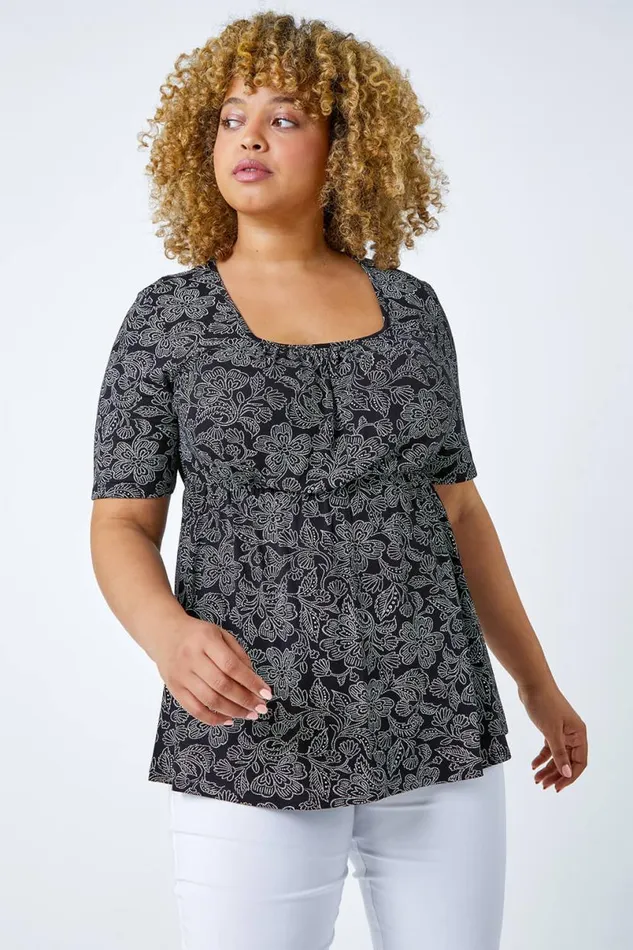 Black Curve Floral Print Smock Top Women Roman Tops