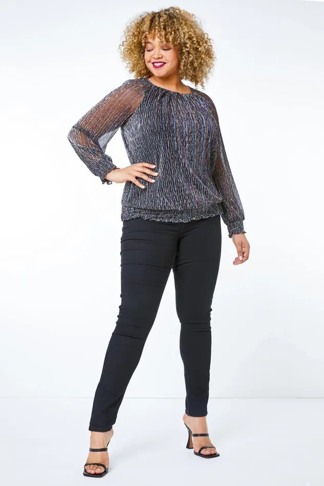 Black Curve Foil Shimmer Plisse Top Women Roman Tops