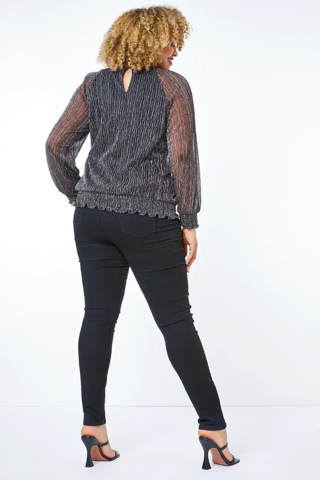 Black Curve Foil Shimmer Plisse Top Women Roman Tops