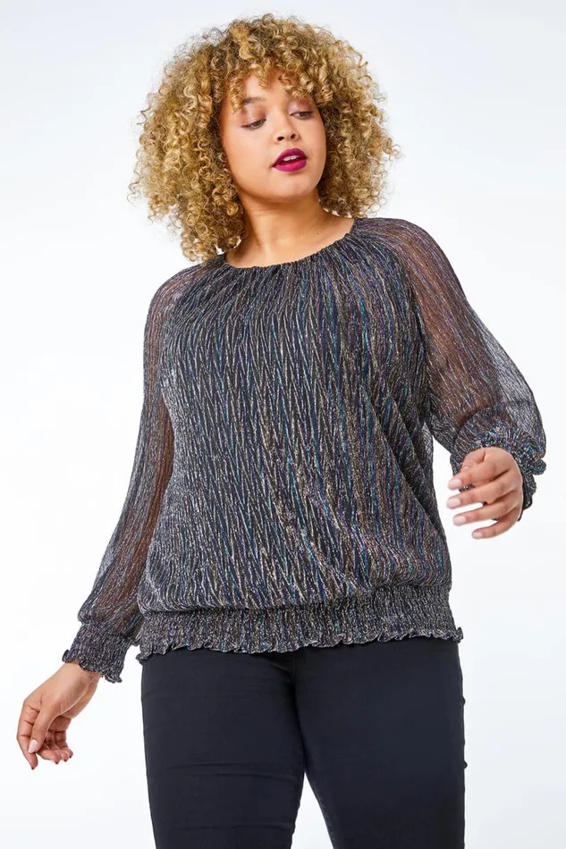 Black Curve Foil Shimmer Plisse Top Women Roman Tops