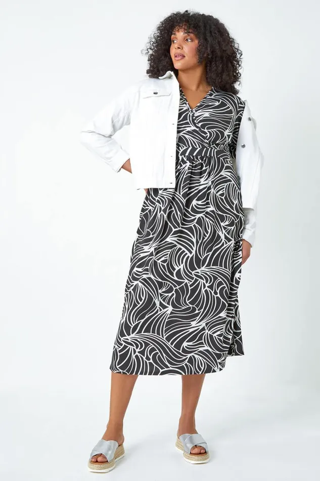 Black Curve Linear Print Midi Wrap Dress Women Roman Dresses