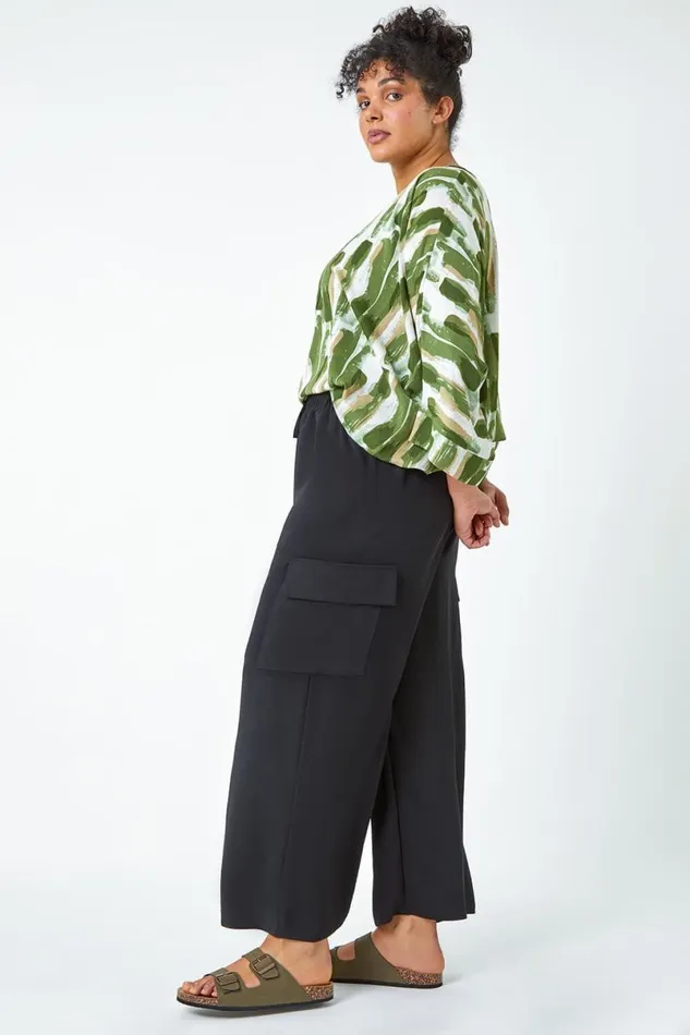 Black Curve Linen Look Wide Leg Trousers Women Roman Trousers