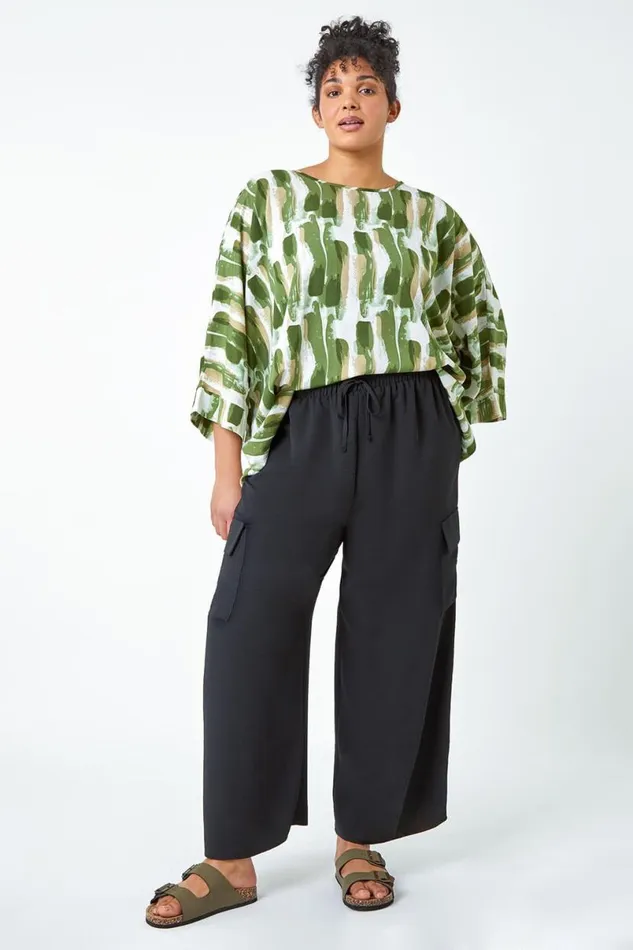 Black Curve Linen Look Wide Leg Trousers Women Roman Trousers