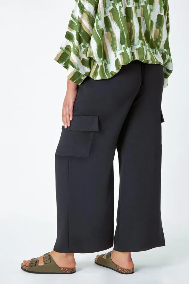 Black Curve Linen Look Wide Leg Trousers Women Roman Trousers