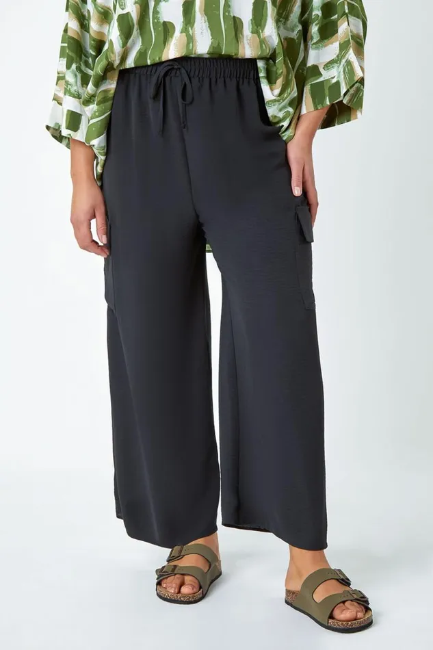 Black Curve Linen Look Wide Leg Trousers Women Roman Trousers