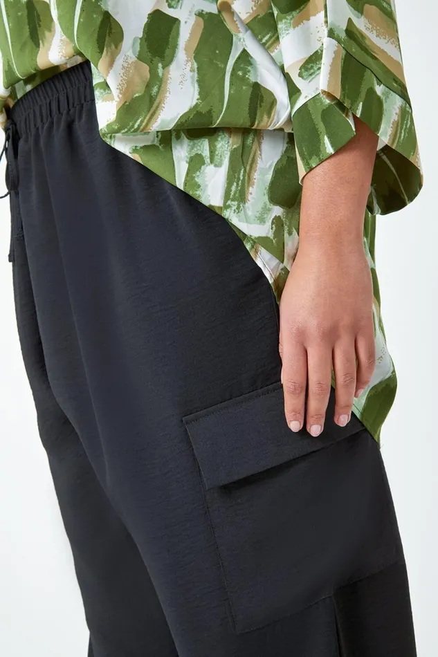 Black Curve Linen Look Wide Leg Trousers Women Roman Trousers