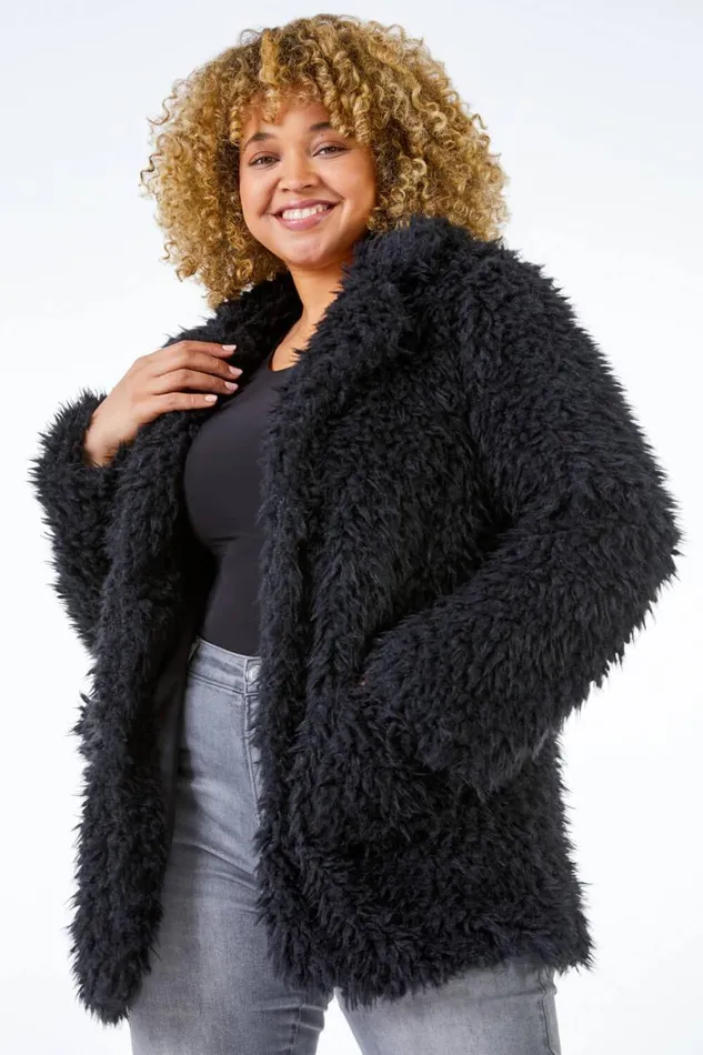 Black Curve Textured Faux Fur Coat Women Roman Coats
