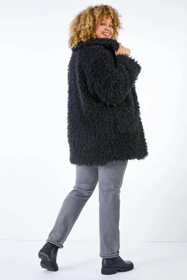 Black Curve Textured Faux Fur Coat Women Roman Coats
