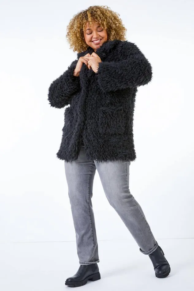 Black Curve Textured Faux Fur Coat Women Roman Coats