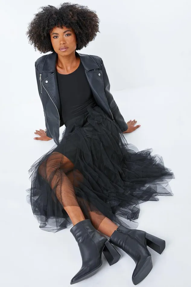 Black Elastic Waist Mesh Layered A Line Skirt Women Roman Occasionwear