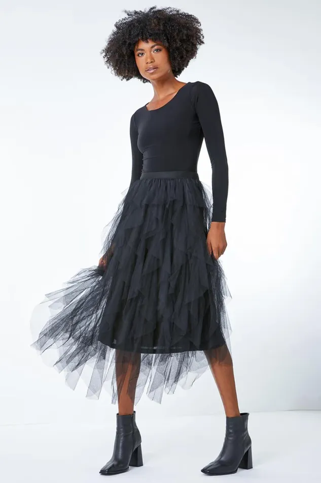 Black Elastic Waist Mesh Layered A Line Skirt Women Roman Occasionwear