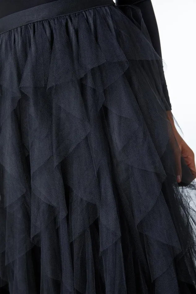 Black Elastic Waist Mesh Layered A Line Skirt Women Roman Occasionwear