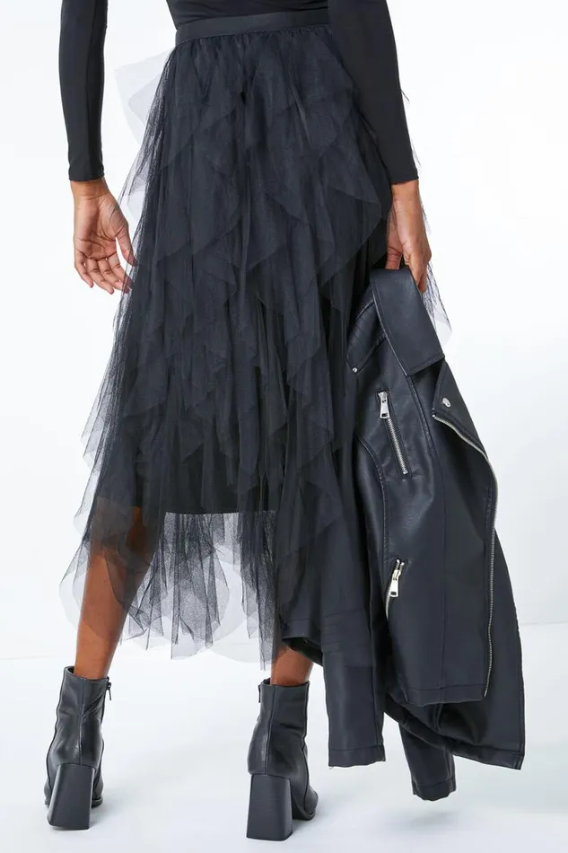 Black Elastic Waist Mesh Layered A Line Skirt Women Roman Occasionwear