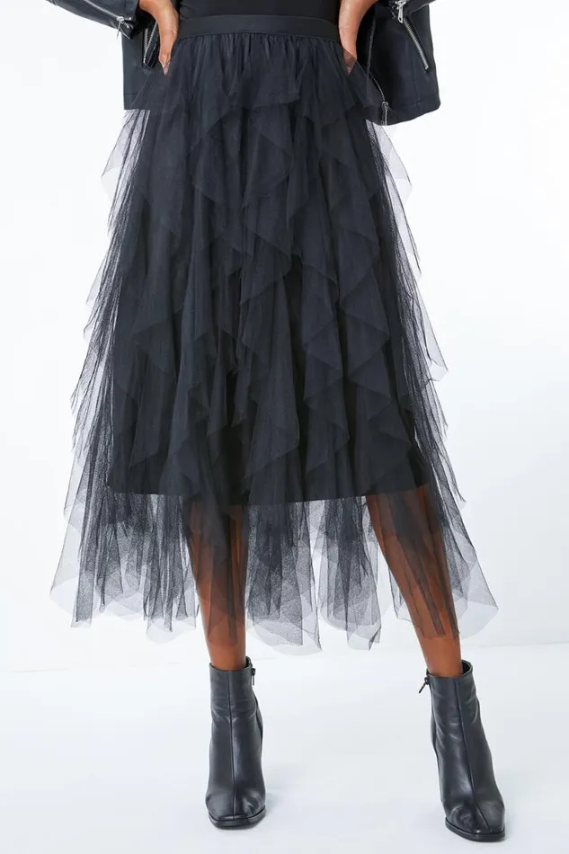 Black Elastic Waist Mesh Layered A Line Skirt Women Roman Occasionwear