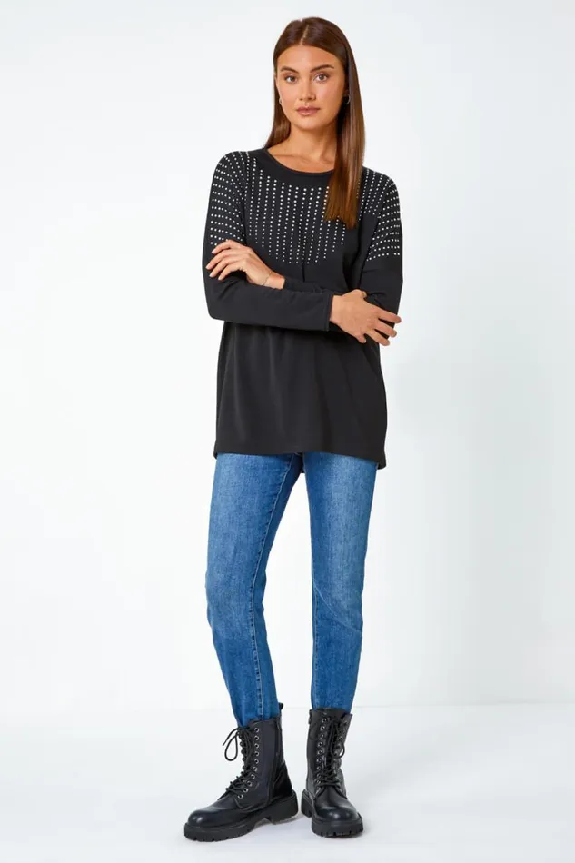 Black Embellished Stretch Top Women Roman Tops