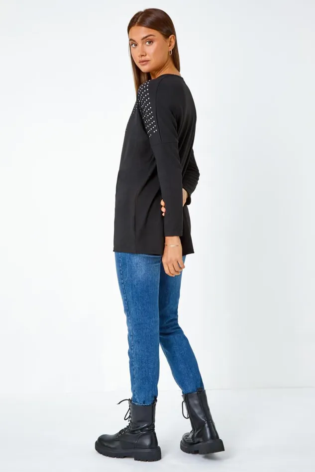 Black Embellished Stretch Top Women Roman Tops