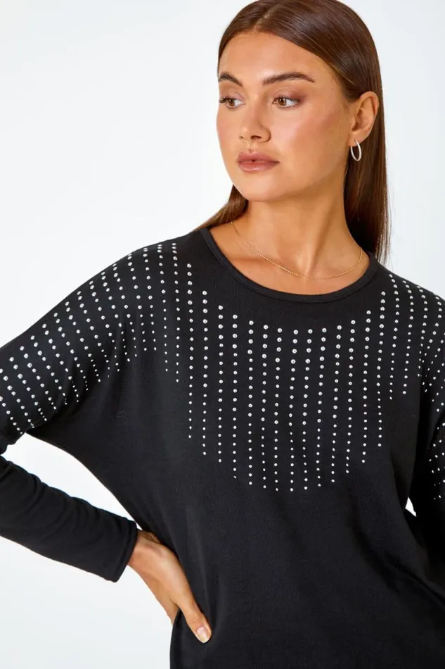 Black Embellished Stretch Top Women Roman Tops