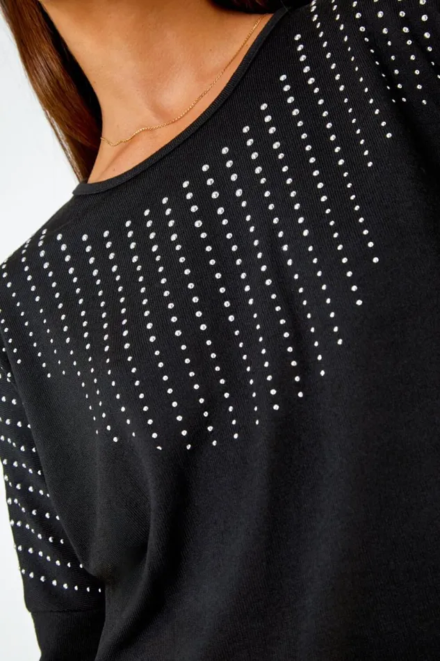 Black Embellished Stretch Top Women Roman Tops