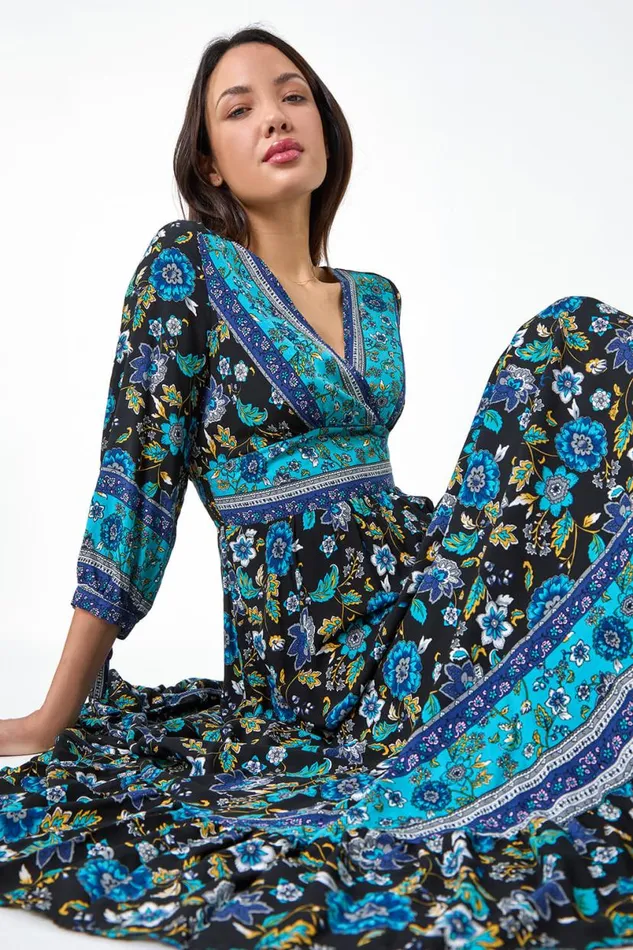 Black Floral Border Print Maxi Dress Women Roman Dresses