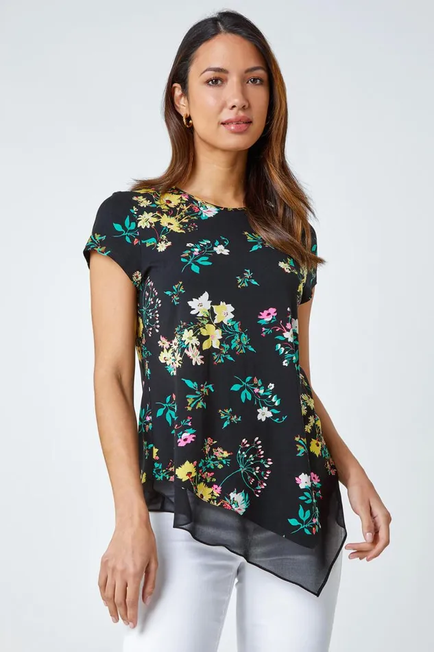 Black Floral Chiffon Hem Stretch Top Women Roman Tops