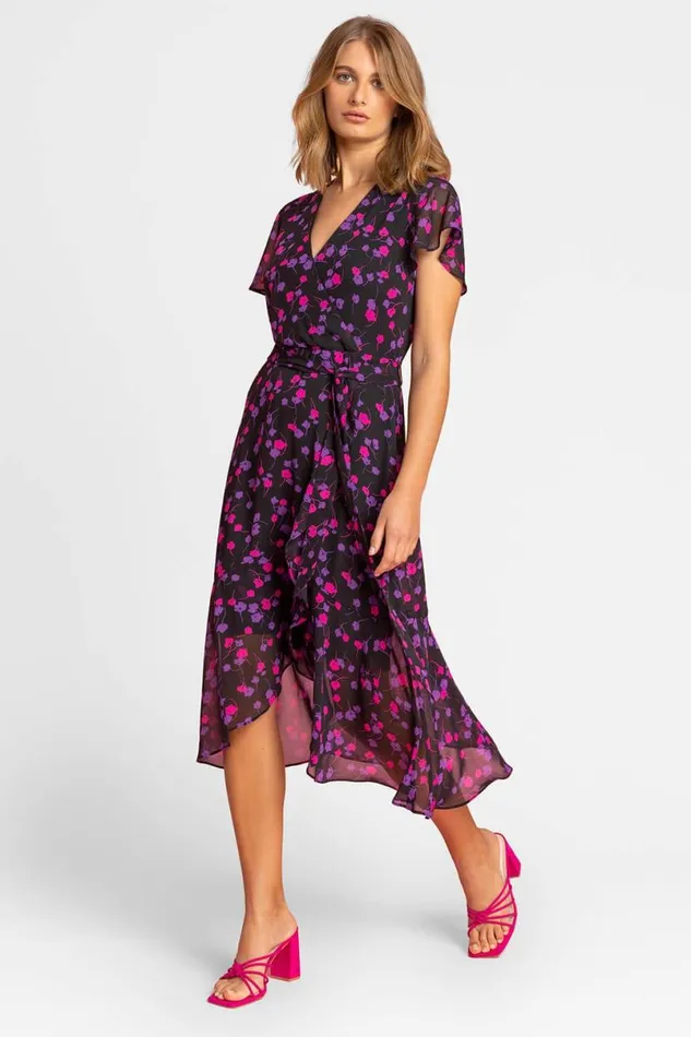 Black Floral Frill Detail Wrap Dress Women Roman Dresses