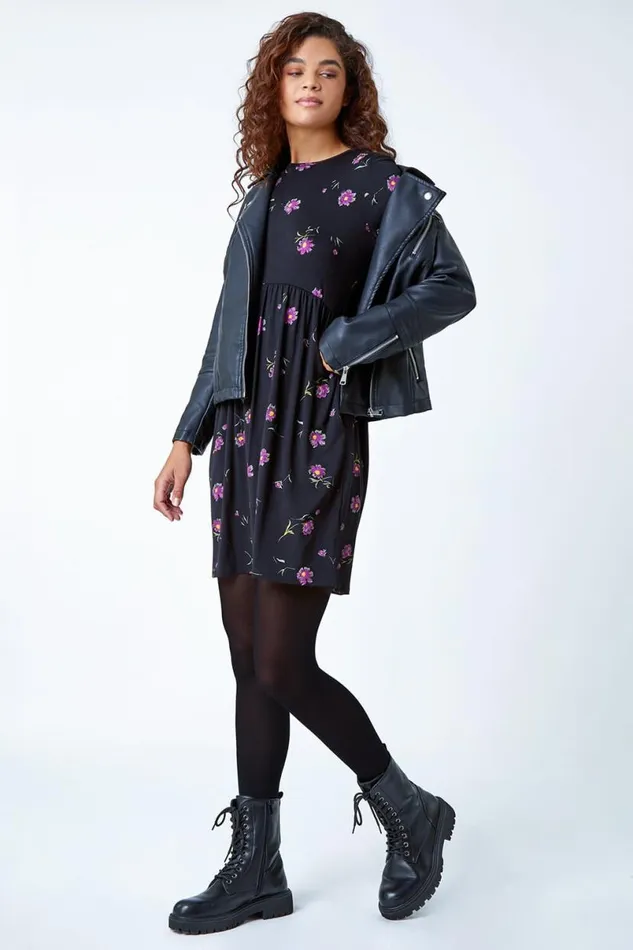 Black Floral Print Pocket Stretch Smock Dress Women Roman Dresses