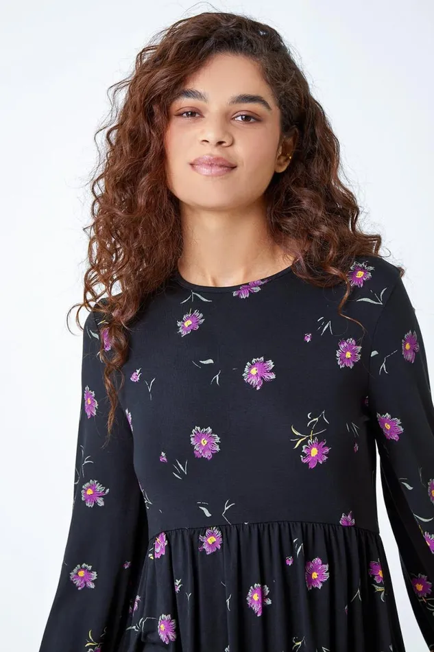 Black Floral Print Pocket Stretch Smock Dress Women Roman Dresses