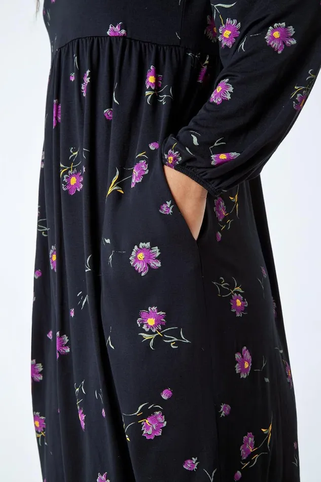 Black Floral Print Pocket Stretch Smock Dress Women Roman Dresses