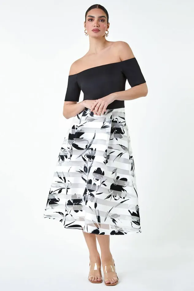 Black Floral Print Premium Stretch Bardot Dress Women Roman Dresses