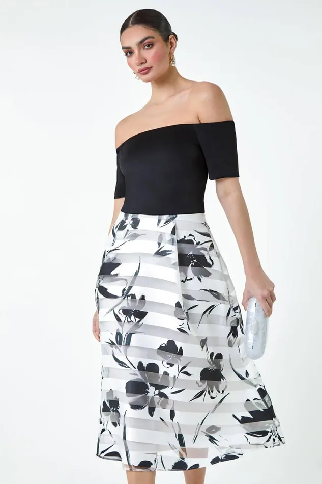 Black Floral Print Premium Stretch Bardot Dress Women Roman Dresses